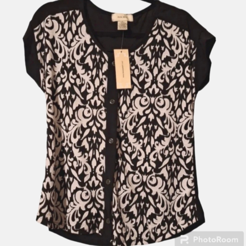 ❤NEW Diana Belle Women's SZ Small Medium Black Beige Button Up Short Sleeved NWT